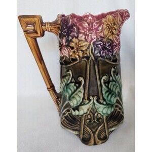 Antique Majolica Art Nouveau Frie Onnaing Jacinthes Pitcher n°825 France C. 1890
